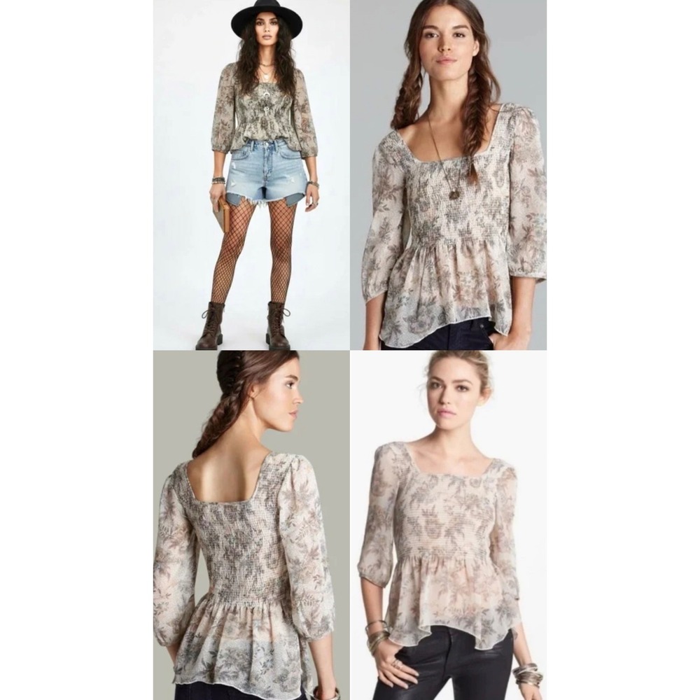 Free People Smocked Peplum Top Floral Leopard Print Square Neck Boho Blouse S